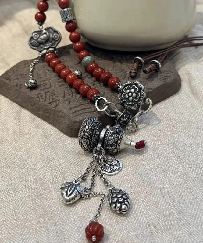 Retro Red Sterling Silver Beading Calabash Ruyi Lock Tassel Pendant Necklace