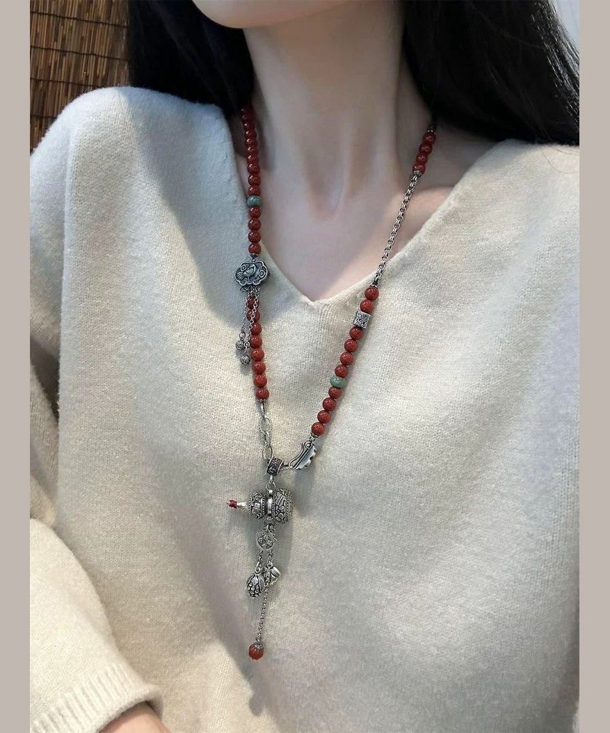 Retro Red Sterling Silver Beading Calabash Ruyi Lock Tassel Pendant Necklace