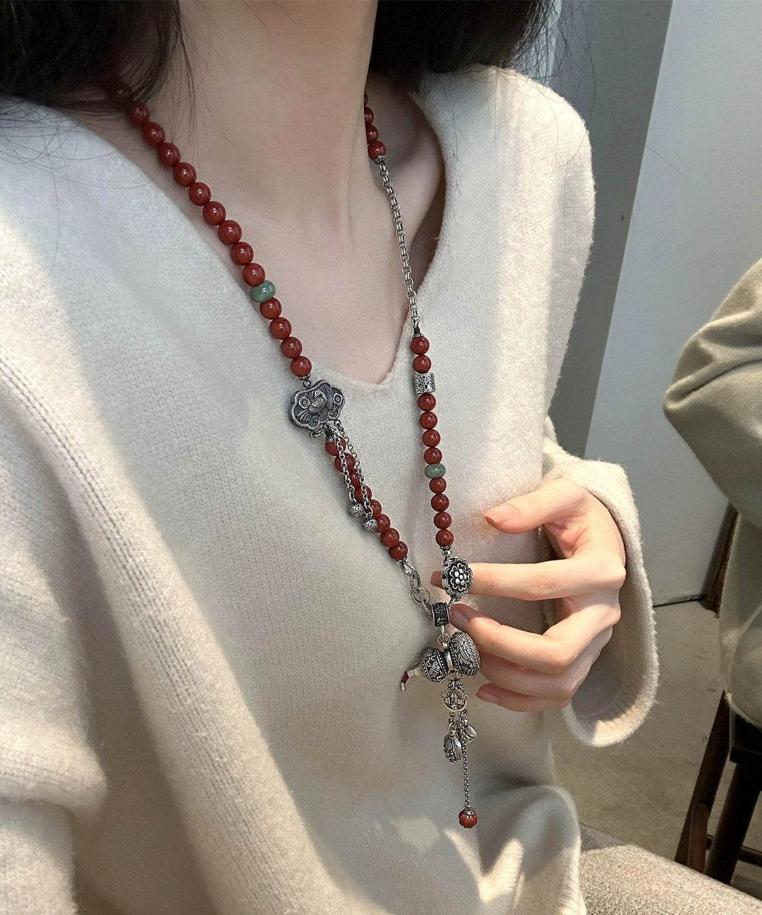 Retro Red Sterling Silver Beading Calabash Ruyi Lock Tassel Pendant Necklace