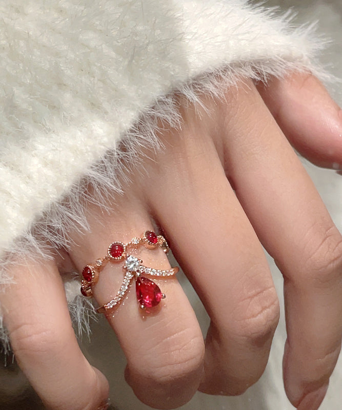 Retro Red Sterling Silver Overgil Zircon Gem Stone Rings Two-Piece Set