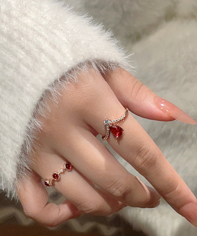 Retro Red Sterling Silver Overgil Zircon Gem Stone Rings Two-Piece Set