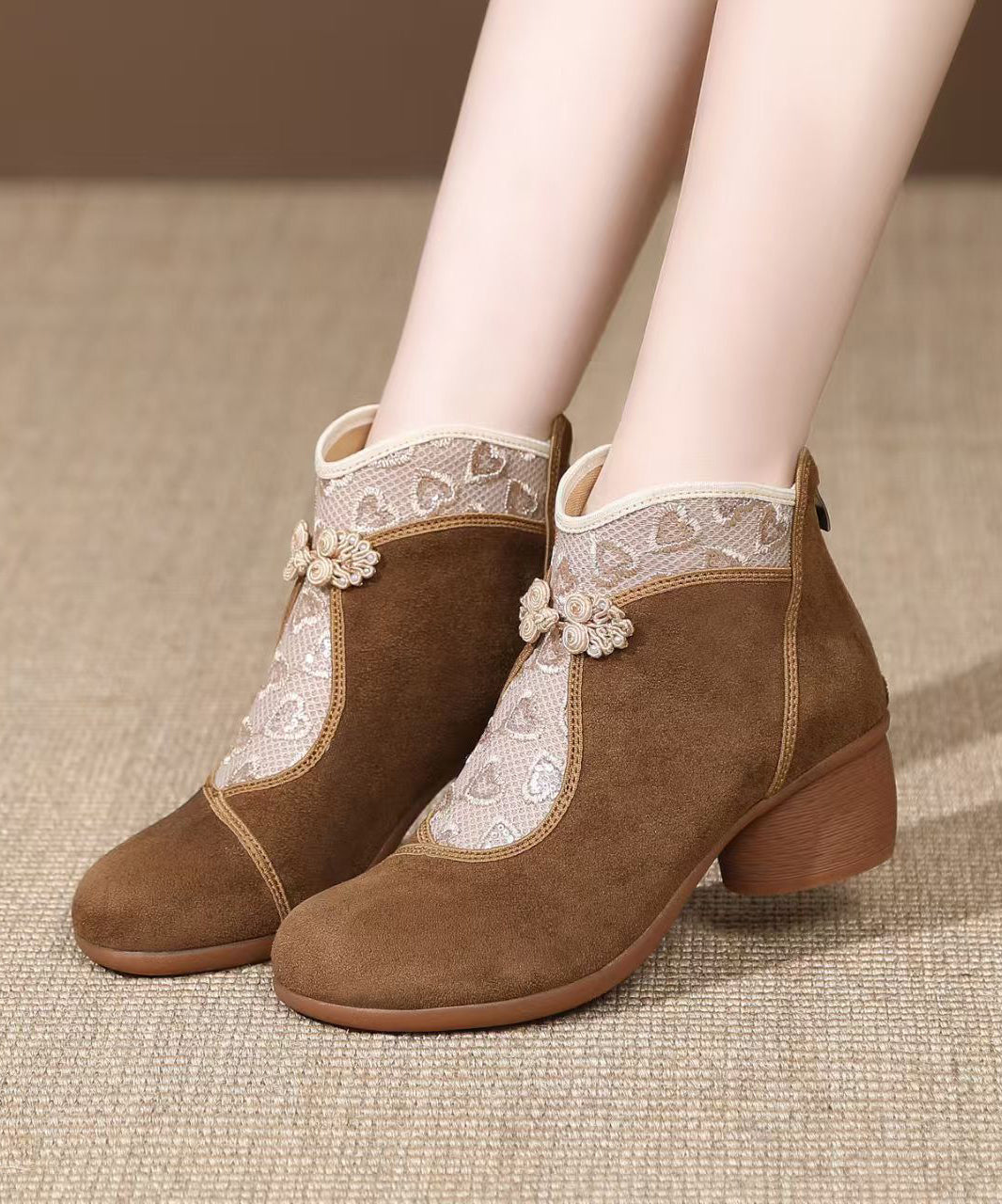 Retro Suede Breathable Mesh Splicing Brown Boots