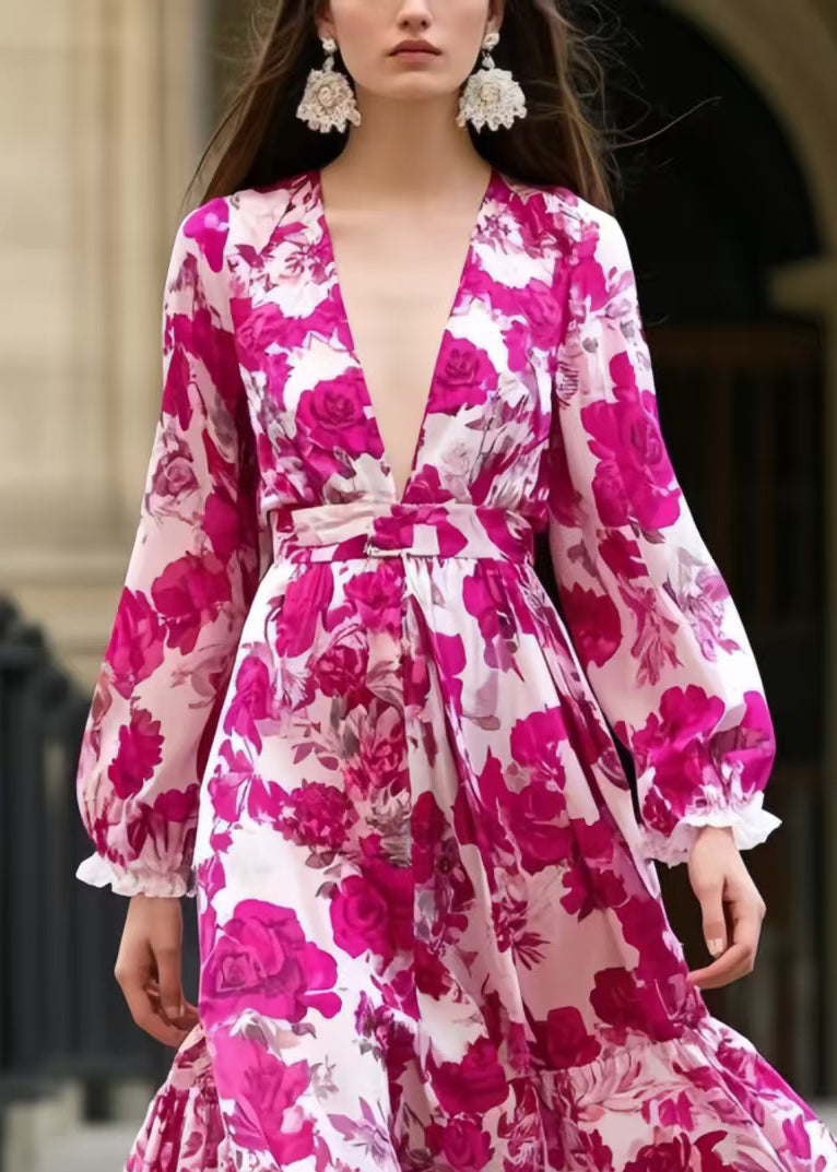 Rose Print Silk Vacation Dresses Exra Large Hem Spring