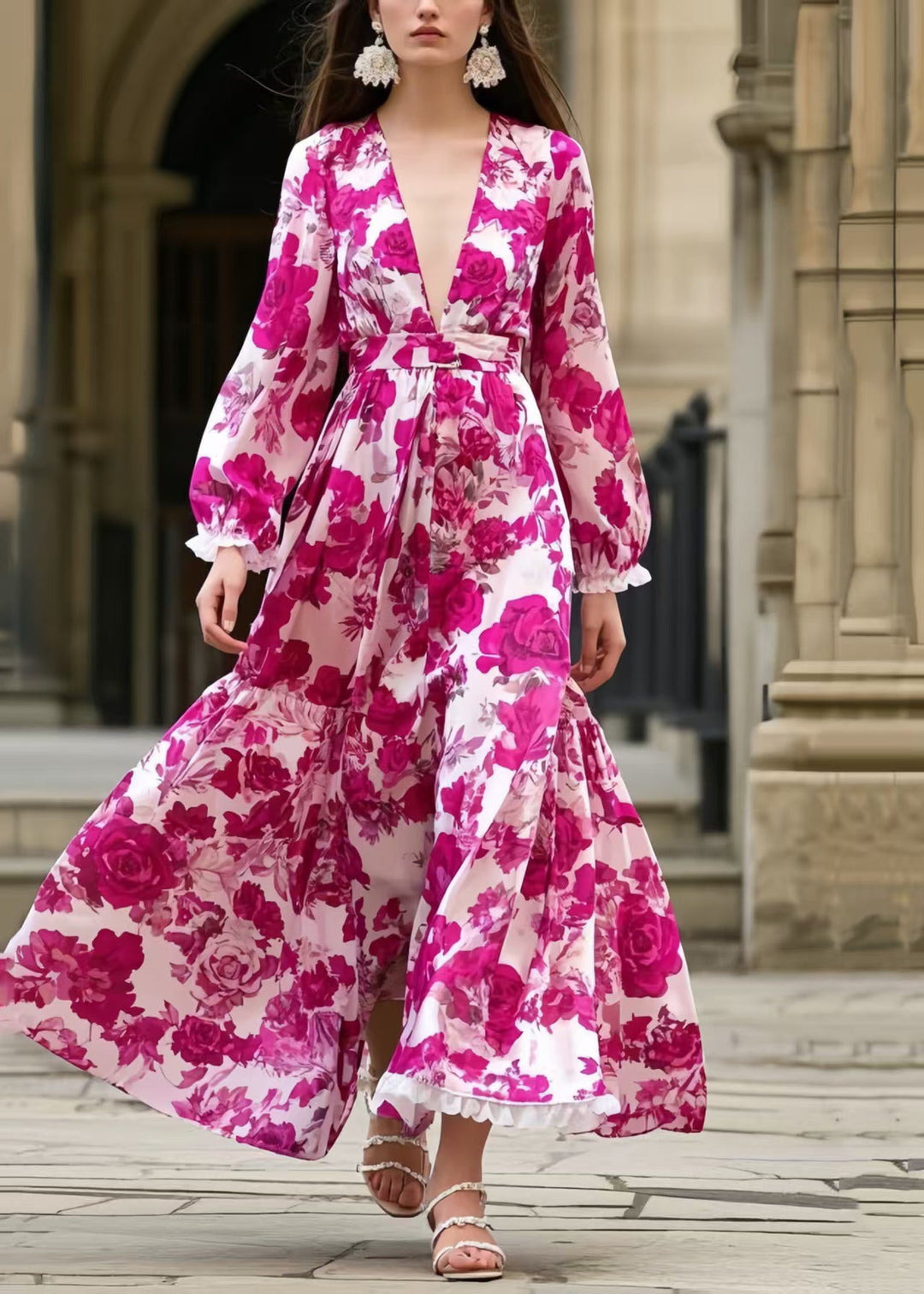 Rose Print Silk Vacation Dresses Exra Large Hem Spring