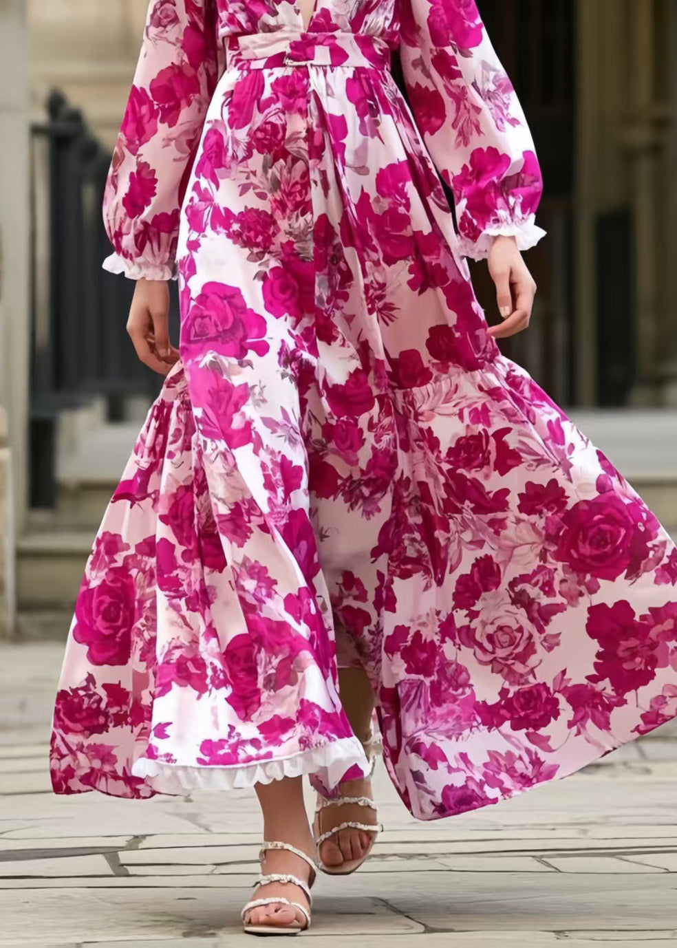 Rose Print Silk Vacation Dresses Exra Large Hem Spring