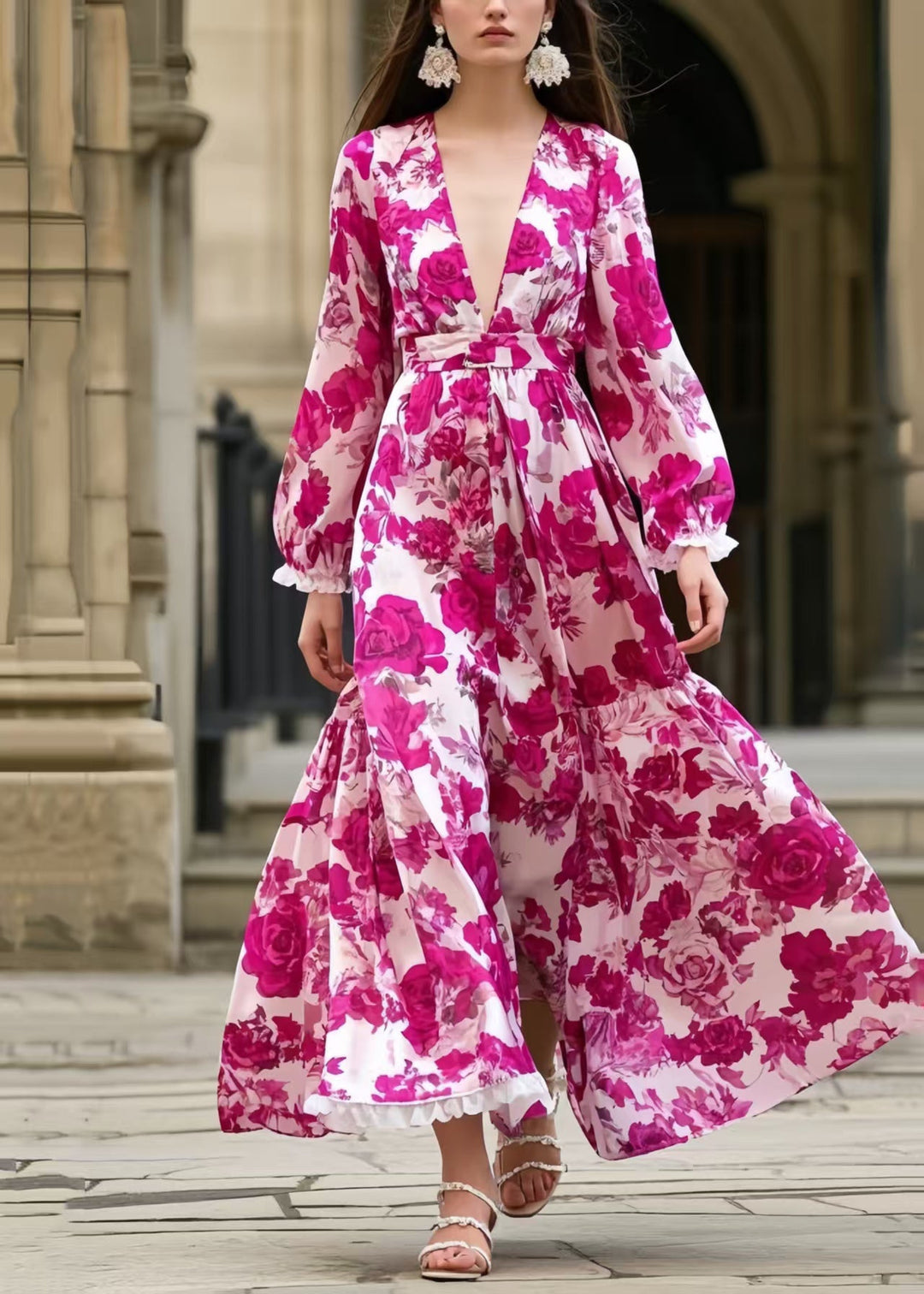 Rose Print Silk Vacation Dresses Exra Large Hem Spring