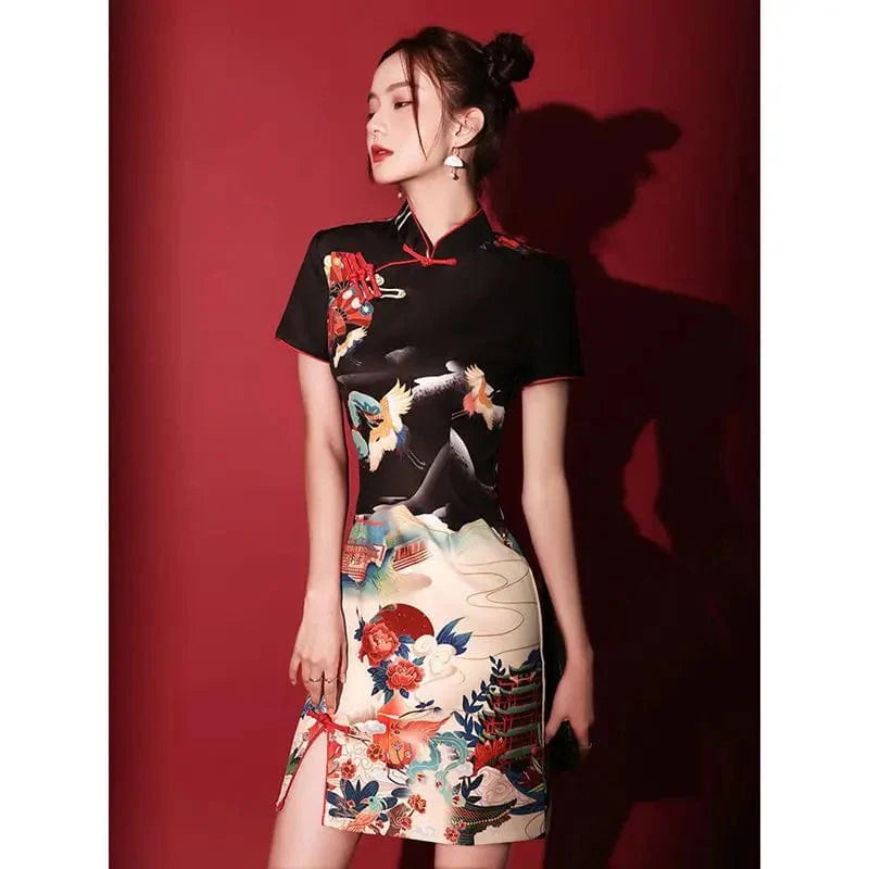 Black Above the Clouds Print Cheongsam Dress