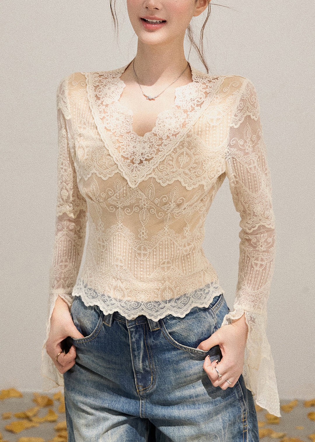 Sexy Beige V Neck Patchwork Lace Shirt Flare Sleeve
