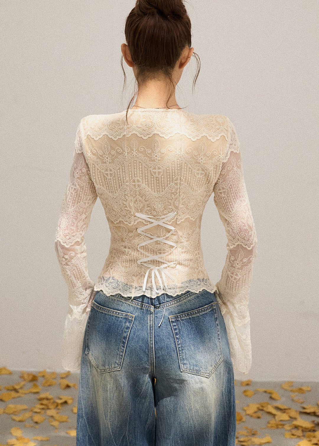 Sexy Beige V Neck Patchwork Lace Shirt Flare Sleeve