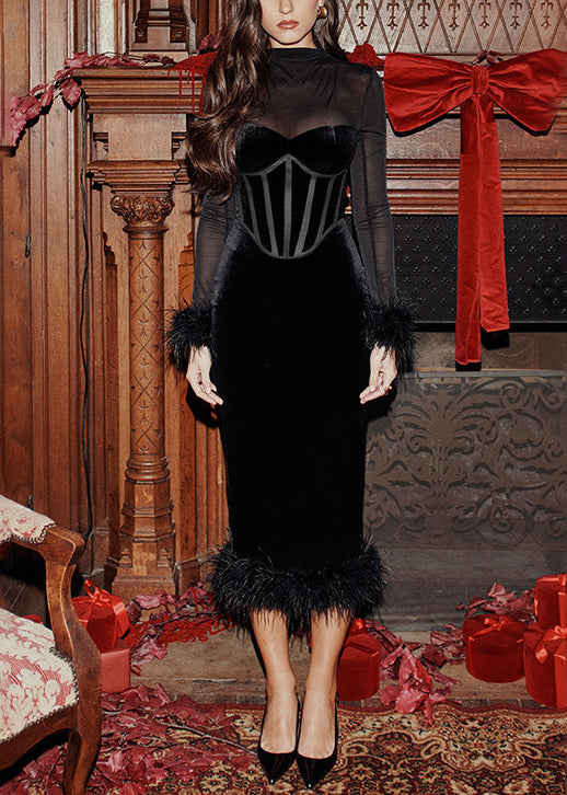 Sexy Black Patchwork Silk Velvet Dinner Dress