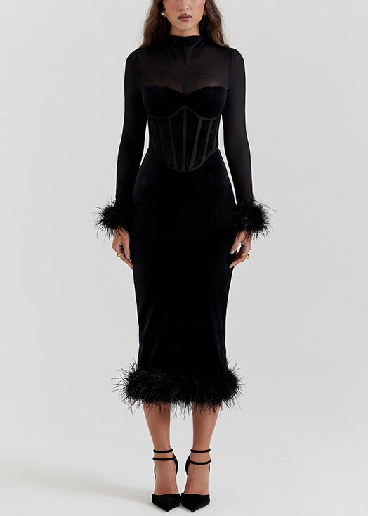 Sexy Black Patchwork Silk Velvet Dinner Dress