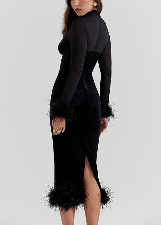 Sexy Black Patchwork Silk Velvet Dinner Dress