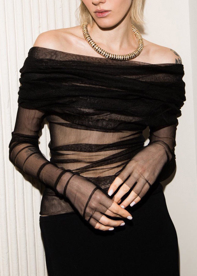 Sexy Black Slash Neck Pleated Tulle Long Sleeved Slim Fit T-Shirt