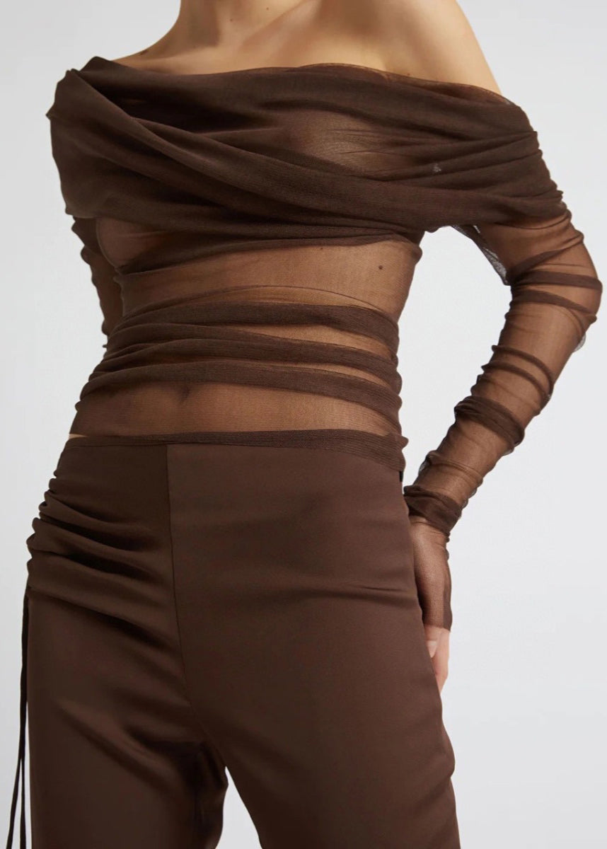 Sexy Black Slash Neck Pleated Tulle Long Sleeved Slim Fit T-Shirt