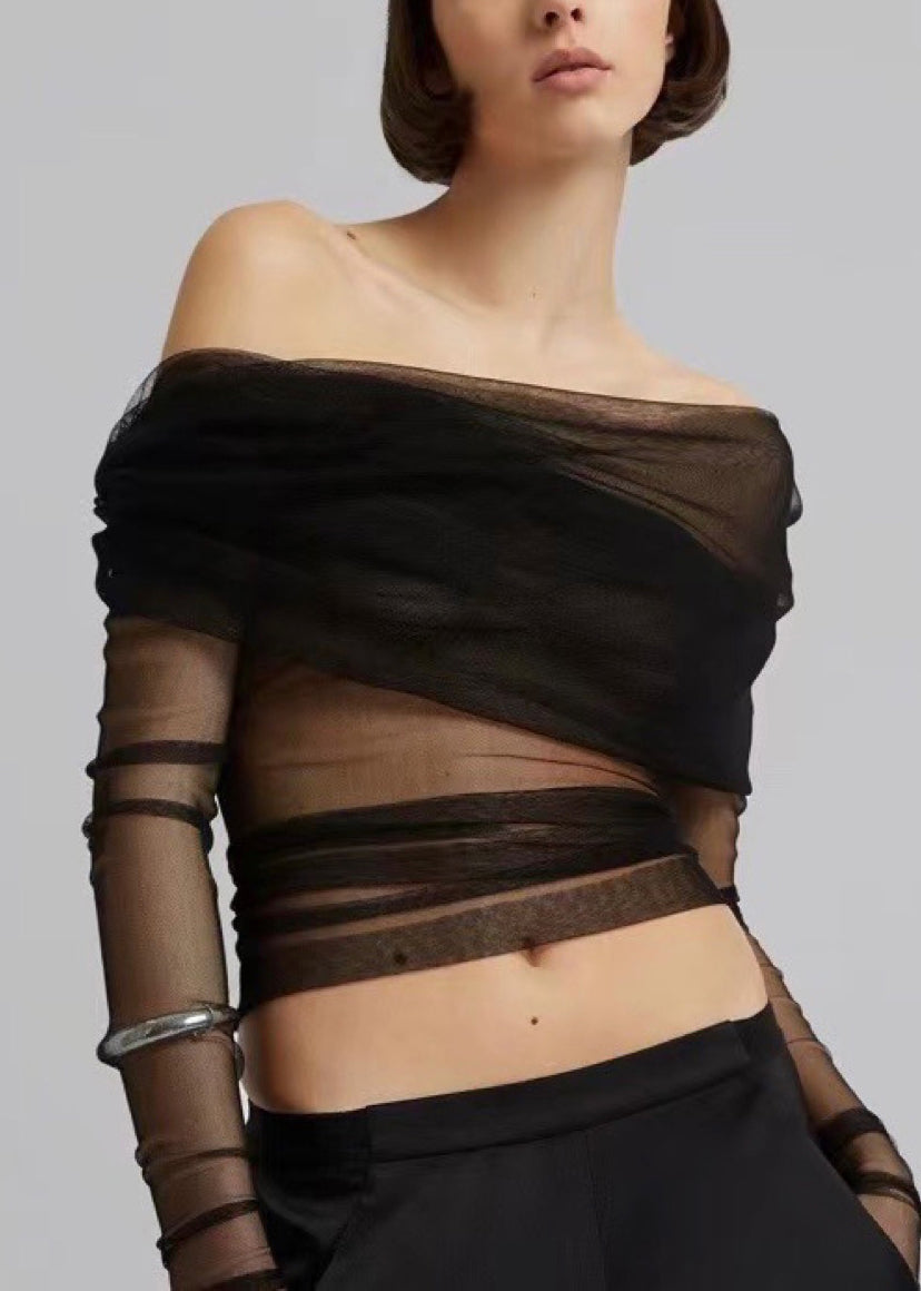 Sexy Black Slash Neck Pleated Tulle Long Sleeved Slim Fit T-Shirt