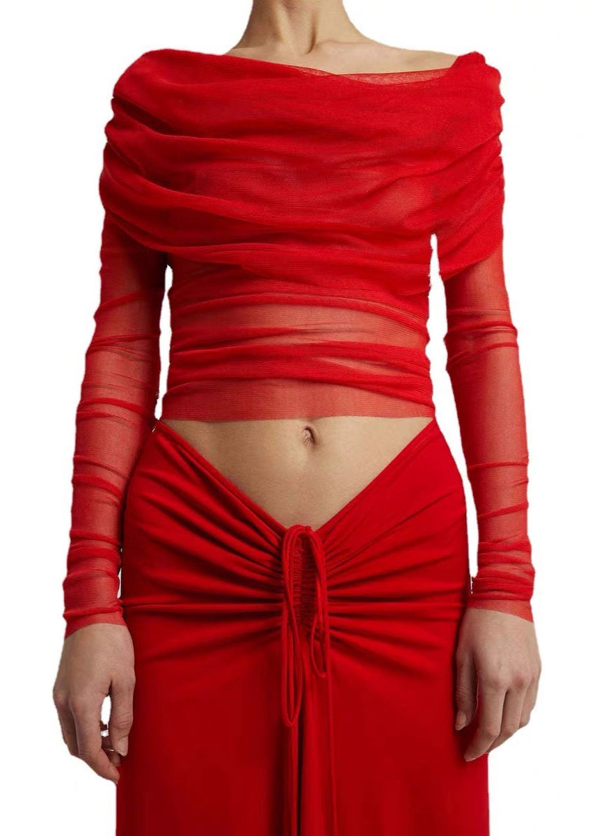 Sexy Black Slash Neck Pleated Tulle Long Sleeved Slim Fit T-Shirt