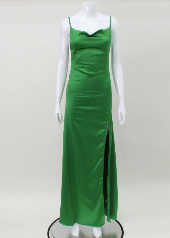 Sexy Green Slash Neck Silk Long Spaghetti Strap Dress Sleeveless