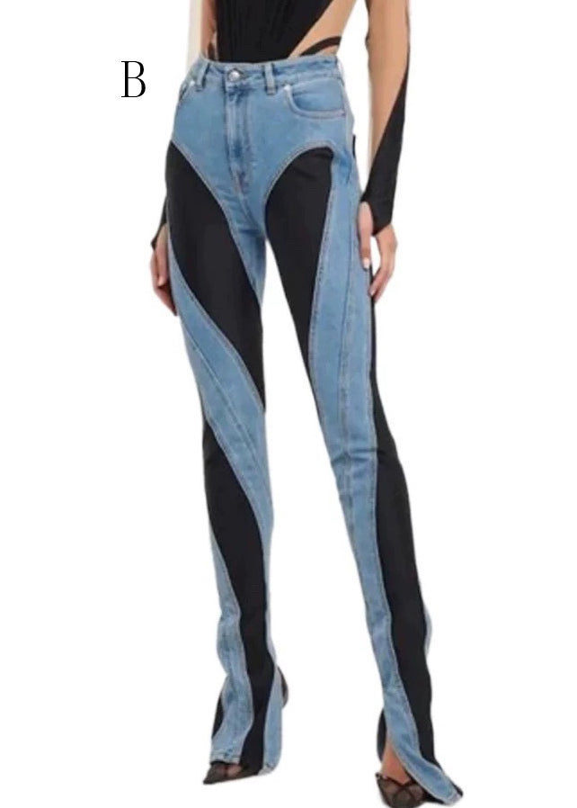 Sexy Hollow Out Tulle Patchwork Denim Trousers Fall