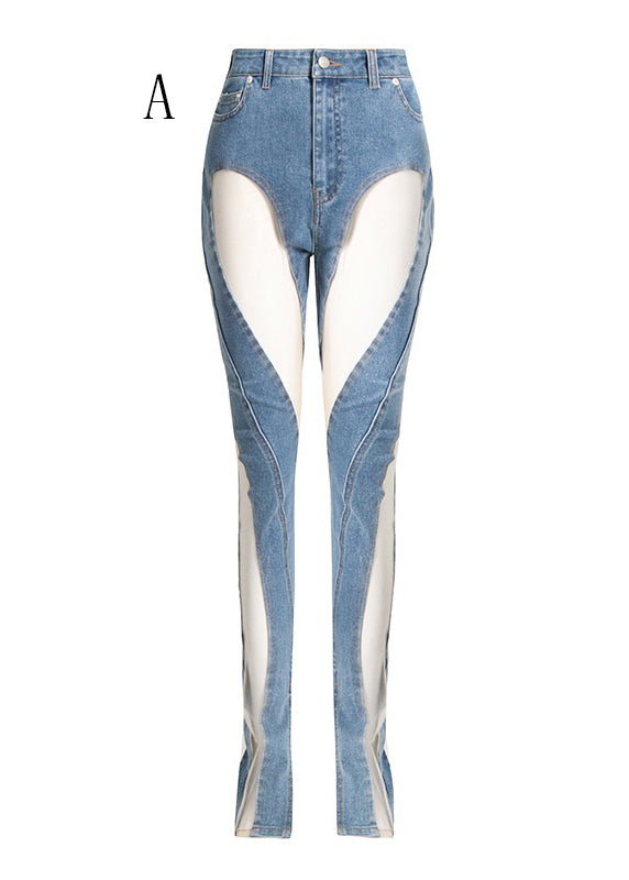 Sexy Hollow Out Tulle Patchwork Denim Trousers Fall
