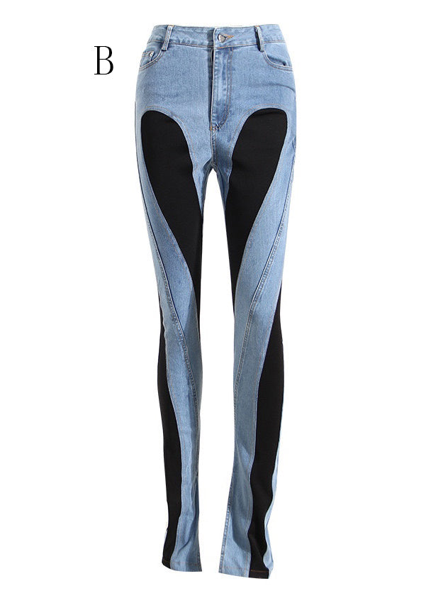 Sexy Hollow Out Tulle Patchwork Denim Trousers Fall