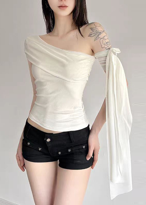 Sexy Slim Fit Black Cold Shoulder Bow Tulle T Shirt Tops Summer