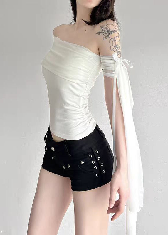 Sexy Slim Fit Black Cold Shoulder Bow Tulle T Shirt Tops Summer