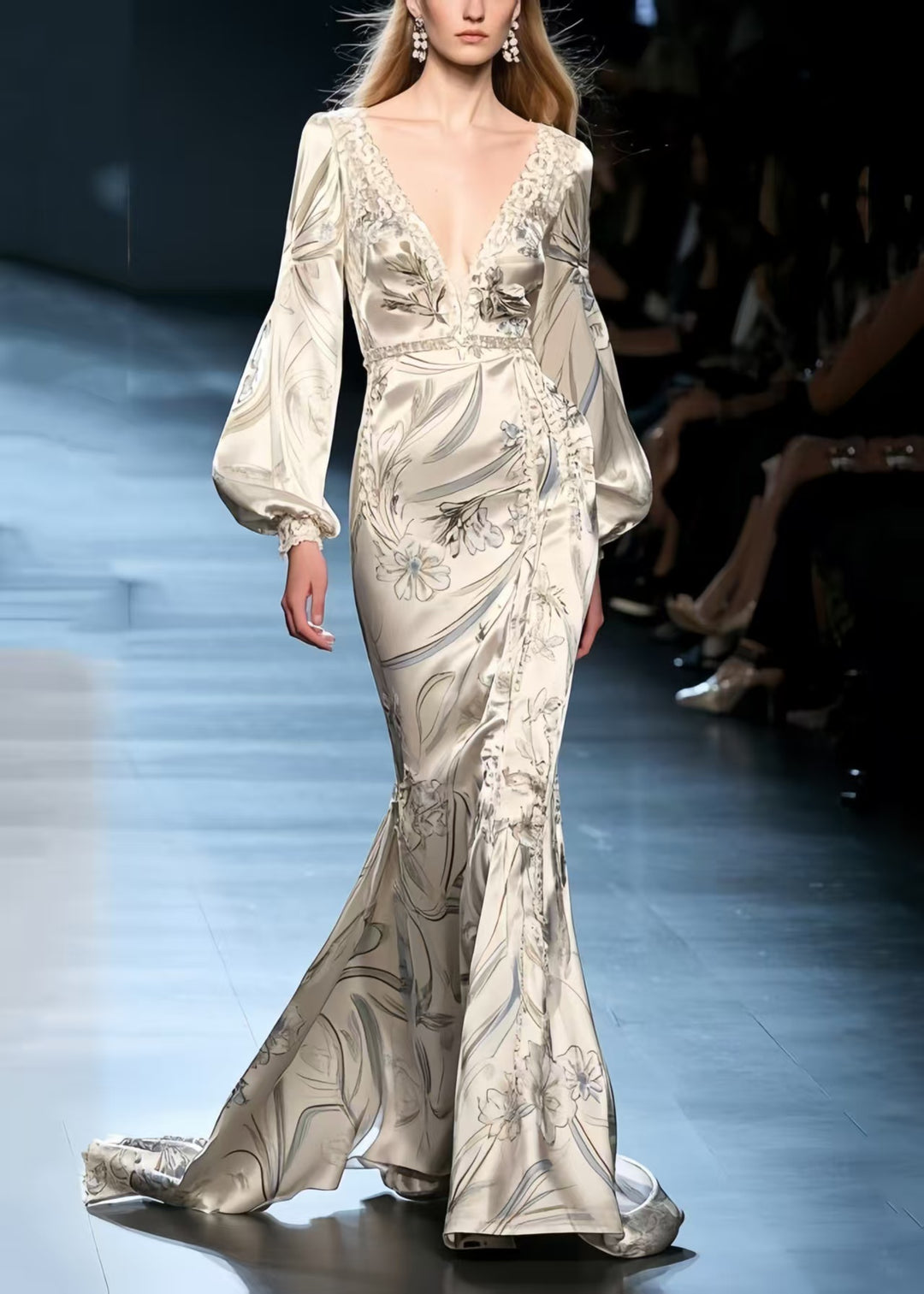 Silm Fit Beige Wraped Print Silk  Fishtail Dress Lantern Sleeve