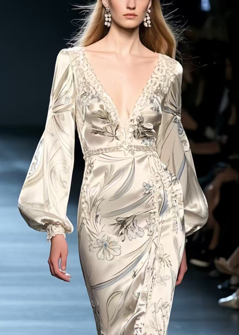 Silm Fit Beige Wraped Print Silk  Fishtail Dress Lantern Sleeve