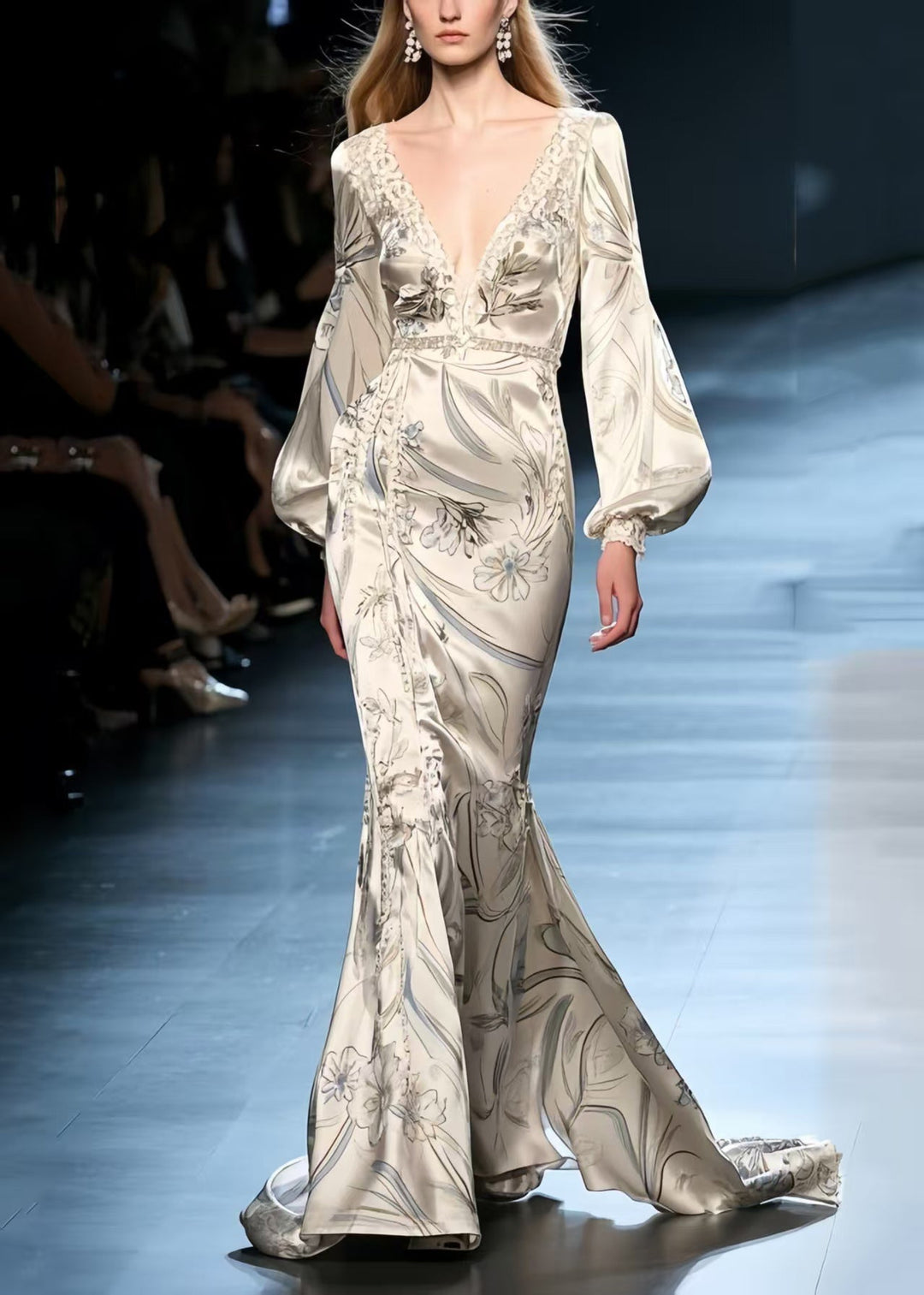 Silm Fit Beige Wraped Print Silk  Fishtail Dress Lantern Sleeve