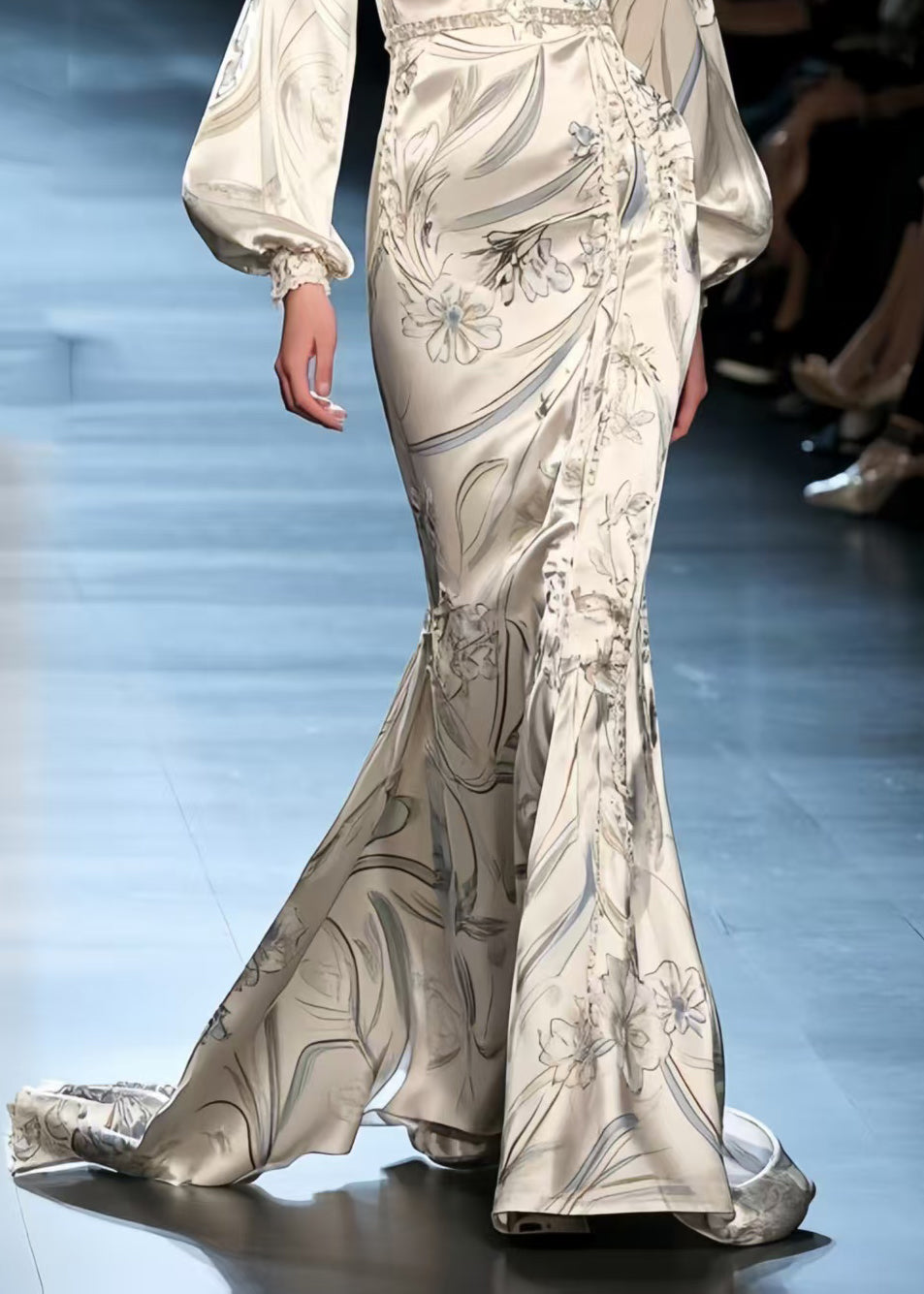 Silm Fit Beige Wraped Print Silk  Fishtail Dress Lantern Sleeve