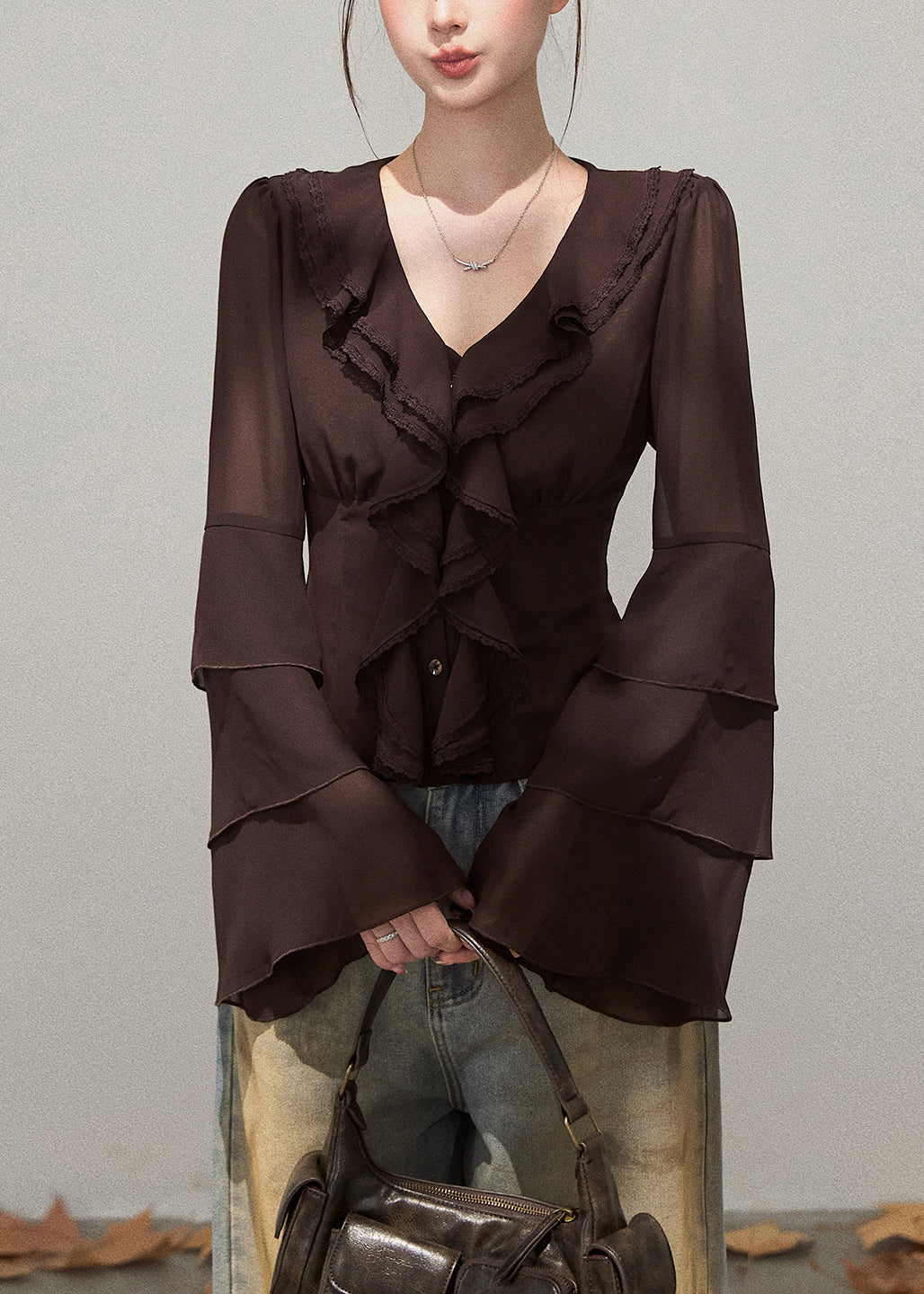 Silm Fit Brown Ruffled Chiffon Shirts Fall