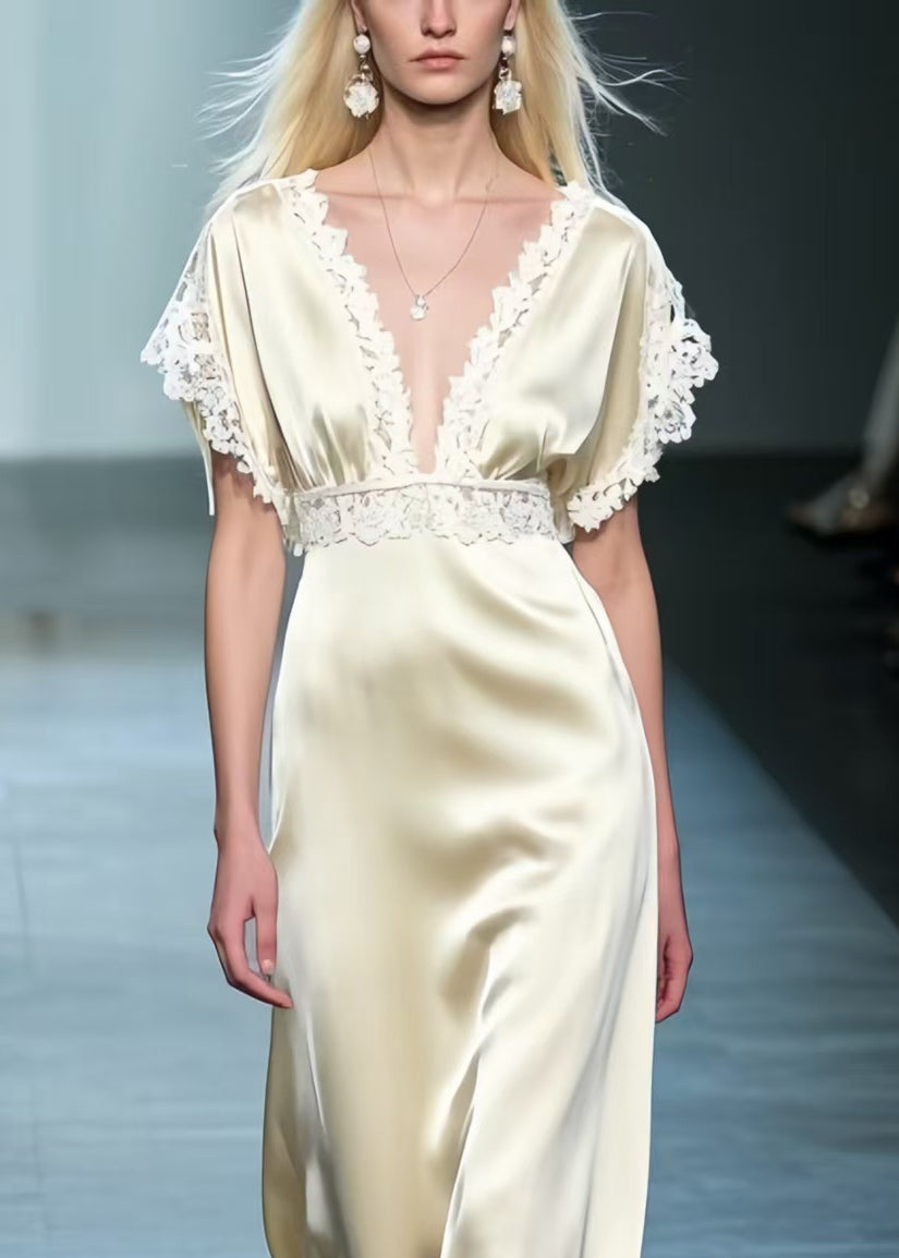 Silm Fit Champagne Patchwork Lace Silk Party Dresses Summer