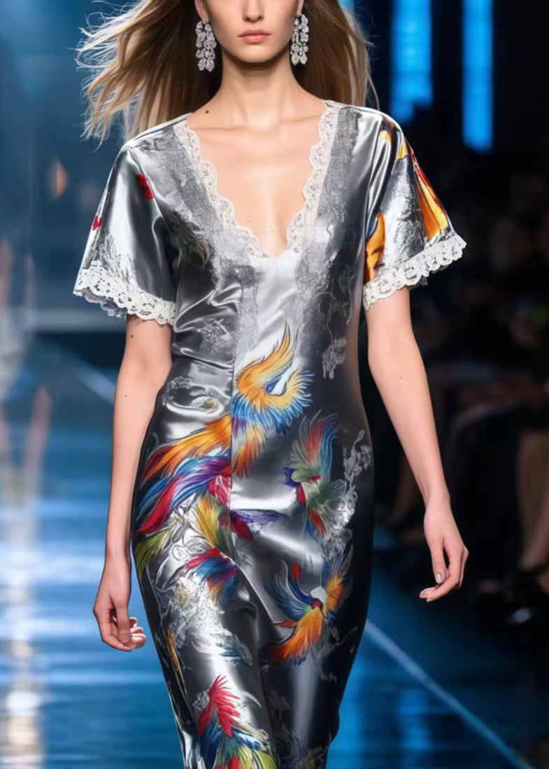 Silm Fit Grey Phoenix Print Patchwork Lace Silk Robe Dresses Summer