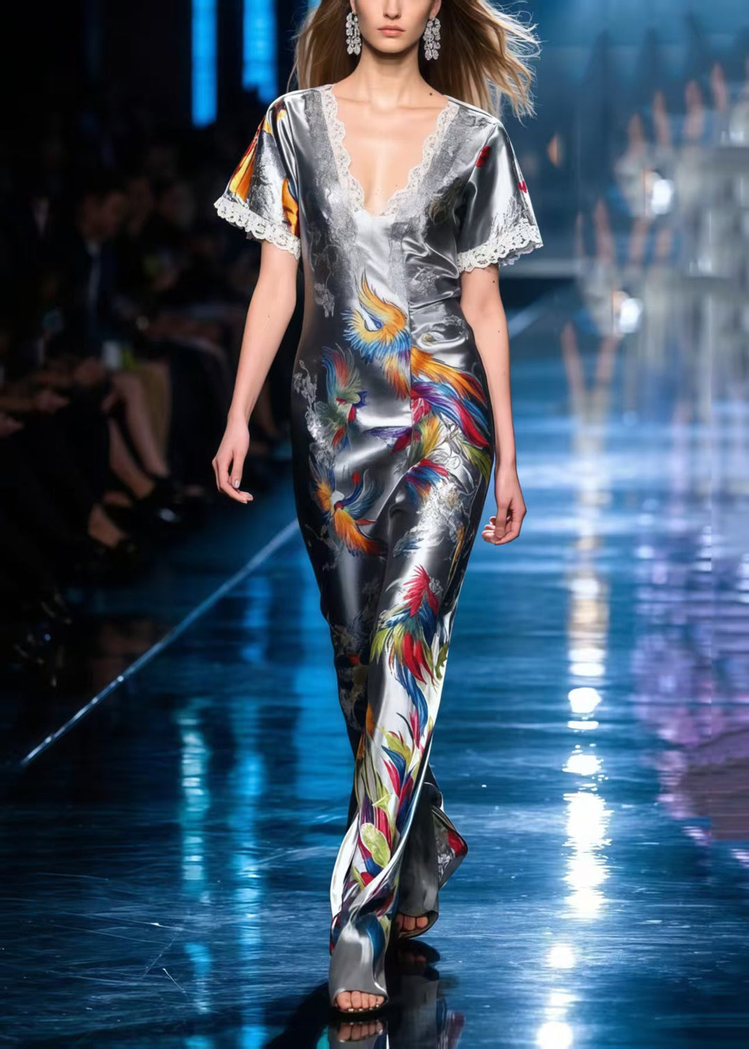 Silm Fit Grey Phoenix Print Patchwork Lace Silk Robe Dresses Summer