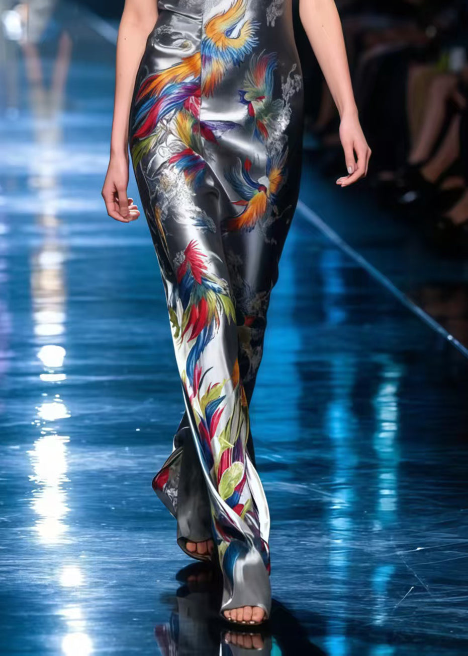 Silm Fit Grey Phoenix Print Patchwork Lace Silk Robe Dresses Summer