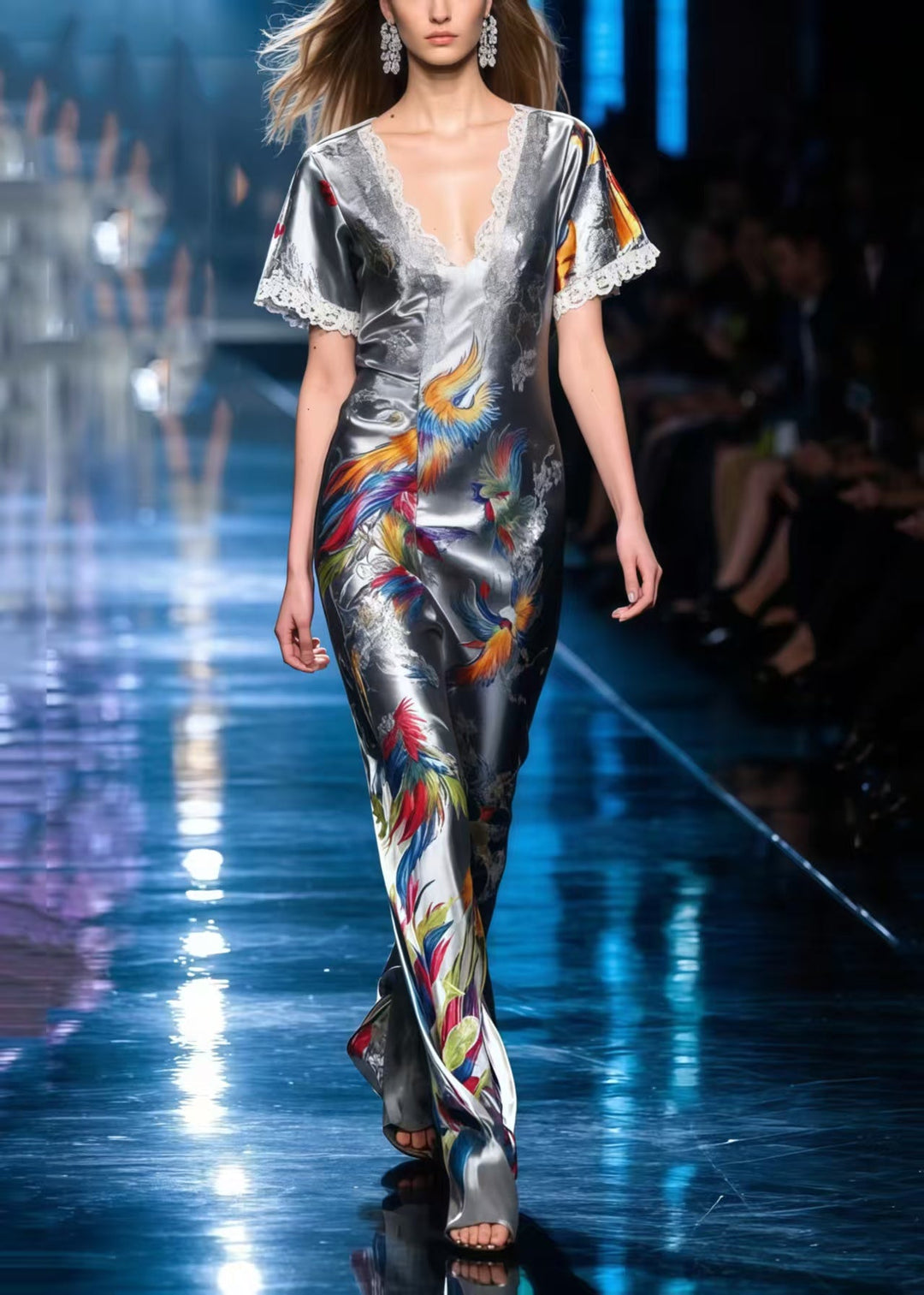 Silm Fit Grey Phoenix Print Patchwork Lace Silk Robe Dresses Summer