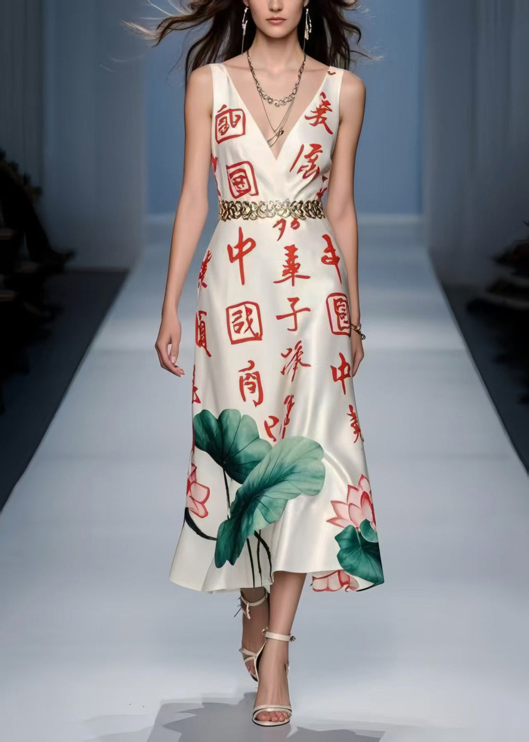 Silm Fit White Cinched Print Silk Long Dress Sleeveless