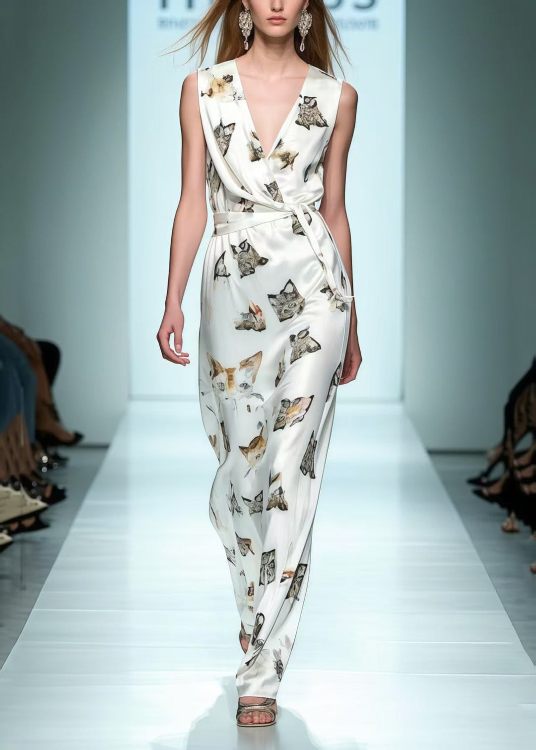 Silm Fit White Tie Waist Cat Print Silk Dress Sleeveless