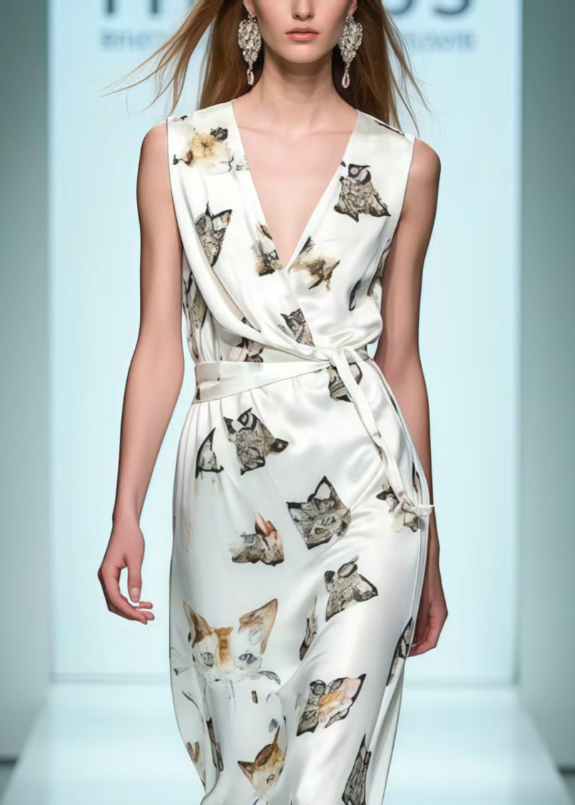 Silm Fit White Tie Waist Cat Print Silk Dress Sleeveless