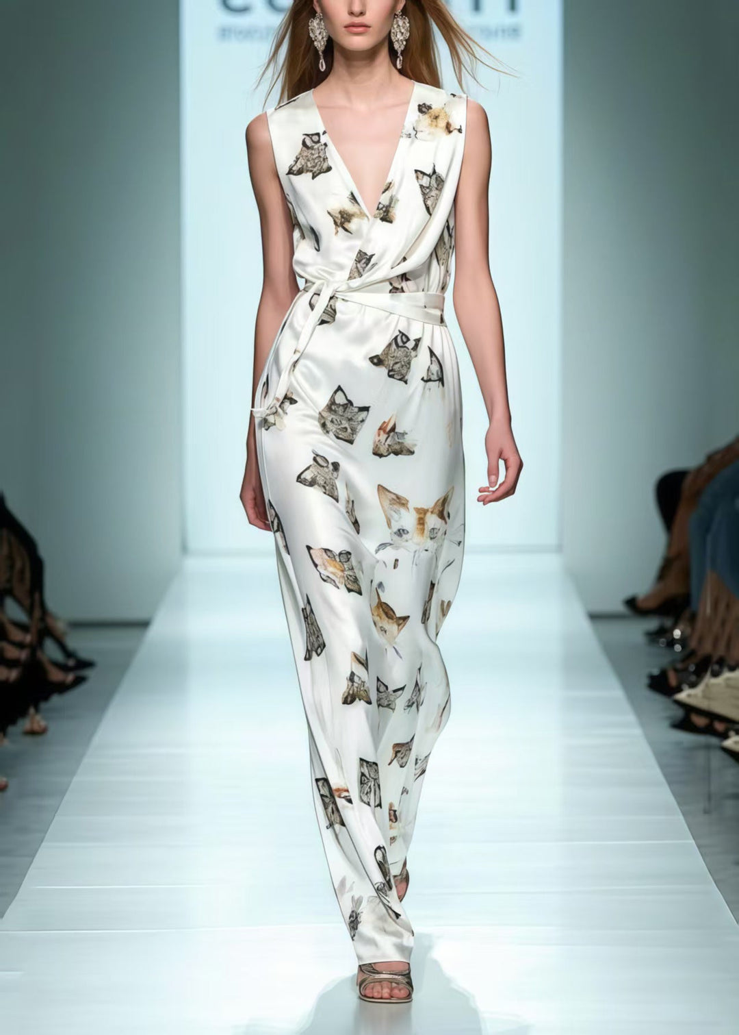 Silm Fit White Tie Waist Cat Print Silk Dress Sleeveless
