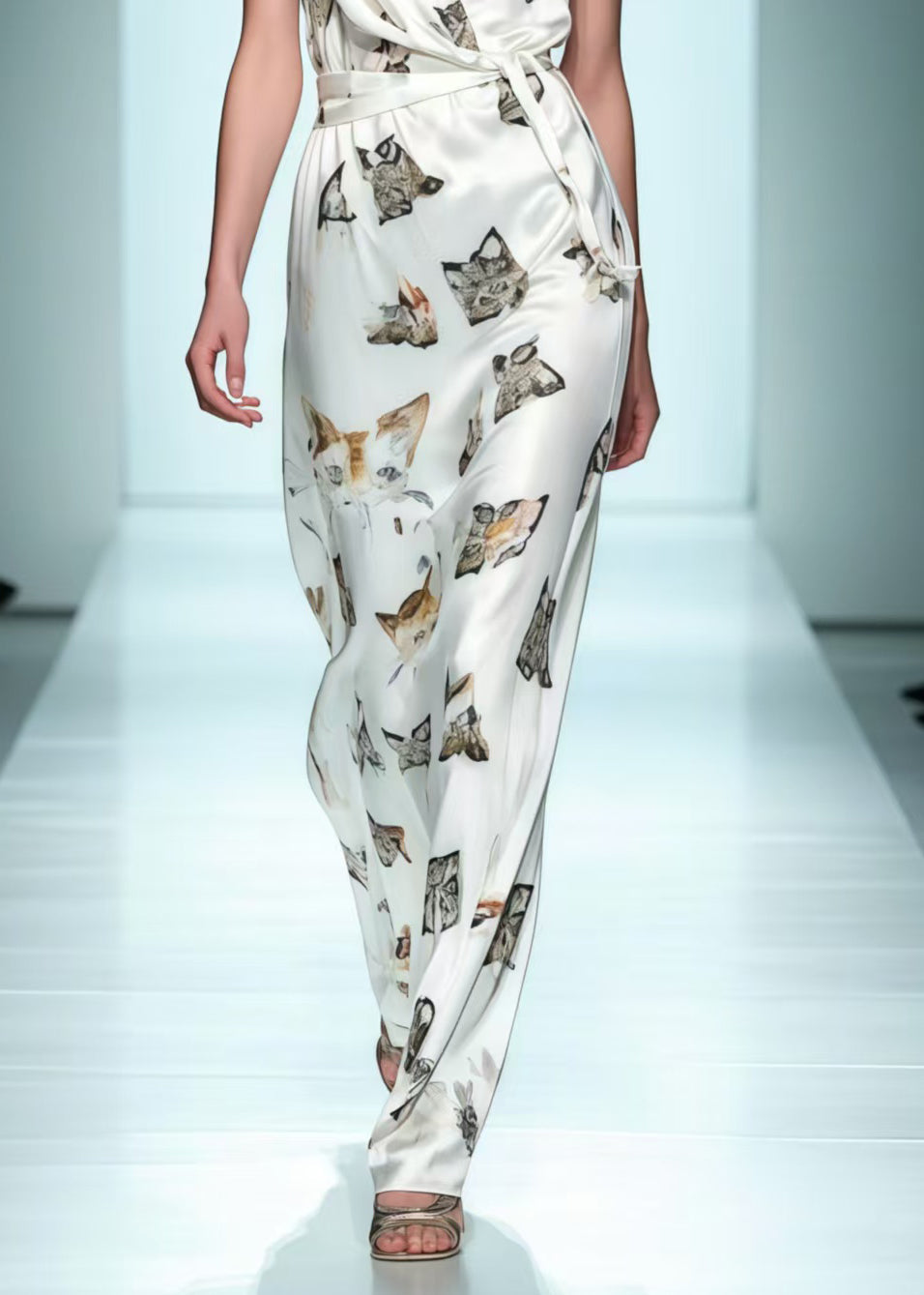 Silm Fit White Tie Waist Cat Print Silk Dress Sleeveless