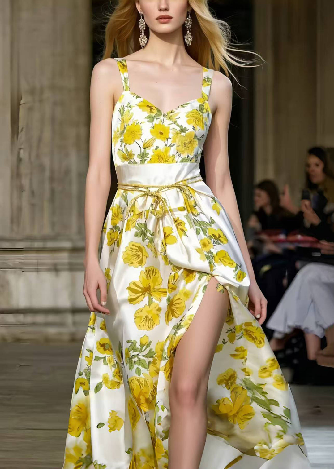 Silm Fit Yellow Floral Print Side Open Silk Sundress Summer