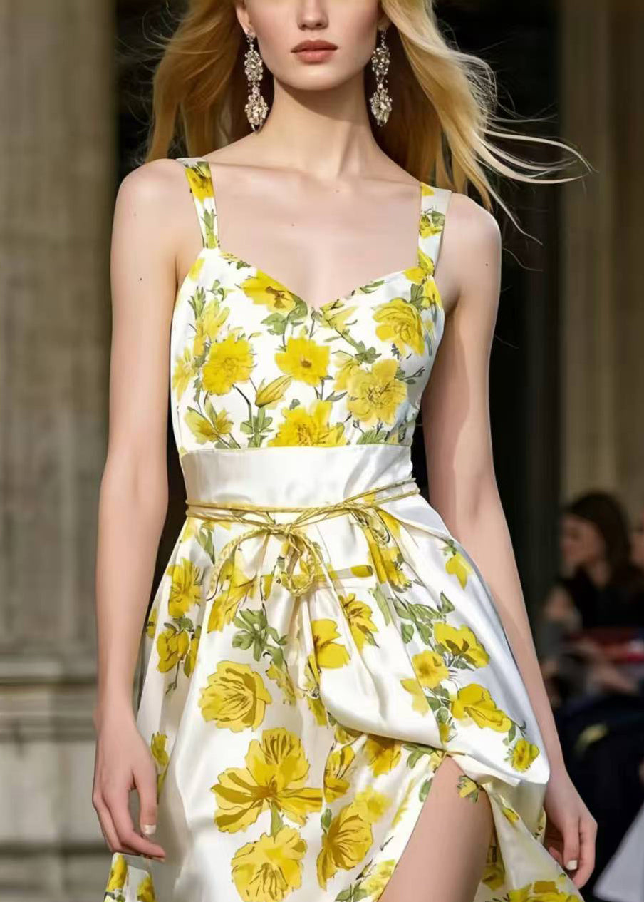 Silm Fit Yellow Floral Print Side Open Silk Sundress Summer