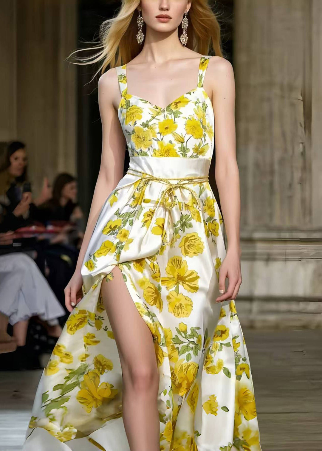Silm Fit Yellow Floral Print Side Open Silk Sundress Summer