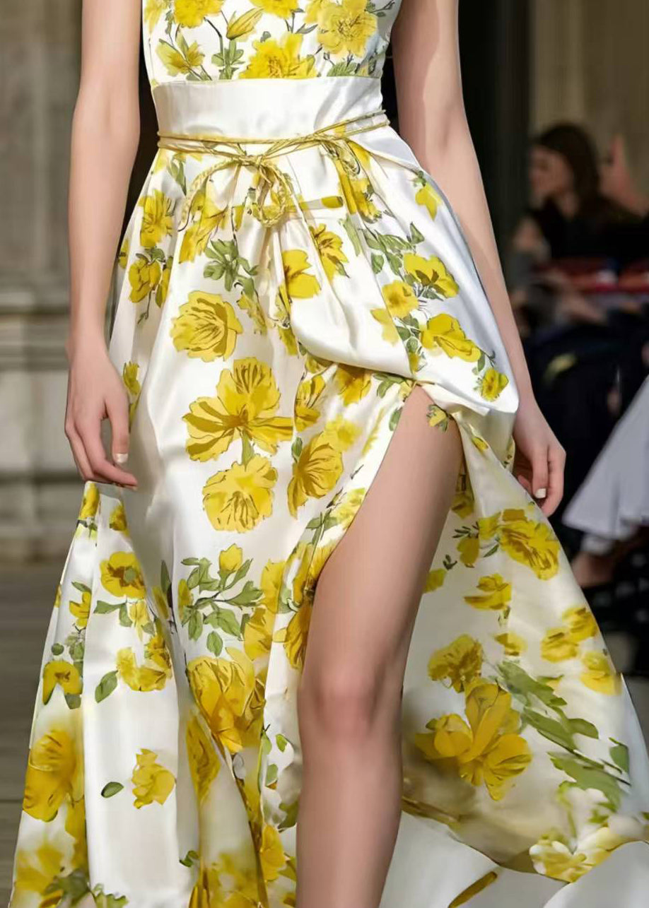 Silm Fit Yellow Floral Print Side Open Silk Sundress Summer