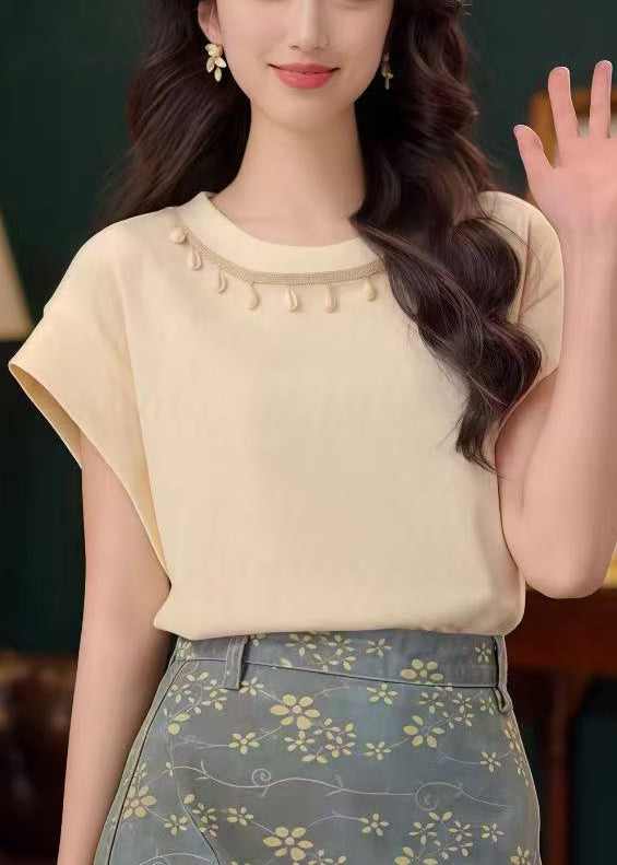 Simple Apricot O Neck Solid Cotton T Shirts Summer