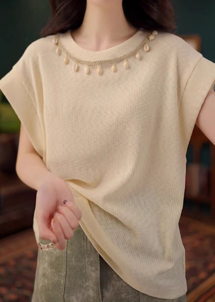 Simple Apricot O Neck Solid Cotton T Shirts Summer