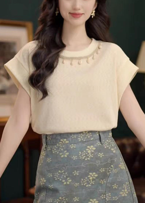 Simple Apricot O Neck Solid Cotton T Shirts Summer