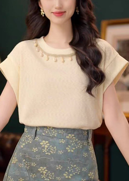 Simple Apricot O Neck Solid Cotton T Shirts Summer