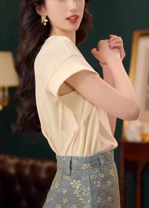 Simple Apricot O Neck Solid Cotton T Shirts Summer